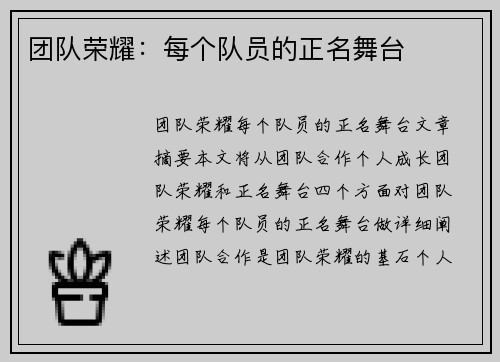 团队荣耀：每个队员的正名舞台